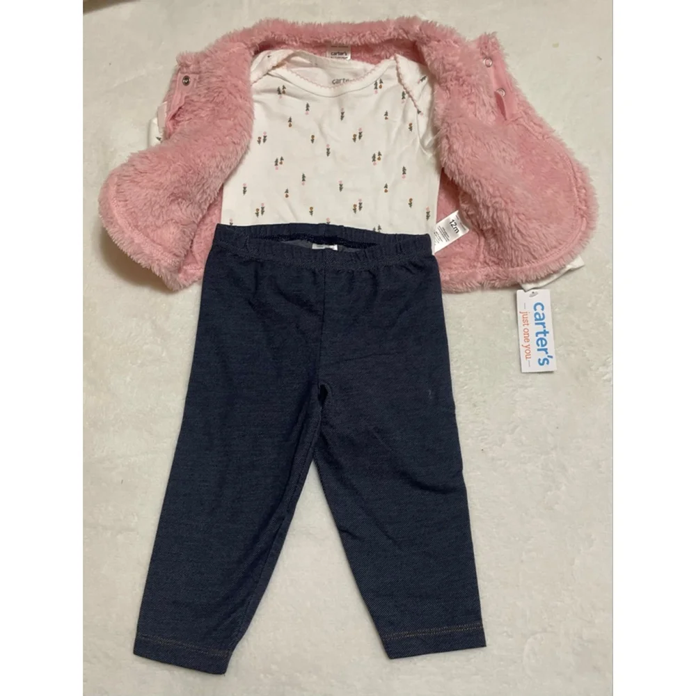 Girls Carter's Matching Set 12 Months Pink Vest White Bodysuit Blue Pants